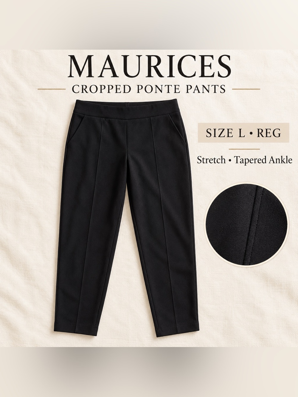 Maurices Black Ponte Knit Cropped Tapered Pants Size L - Picture 3 of 8